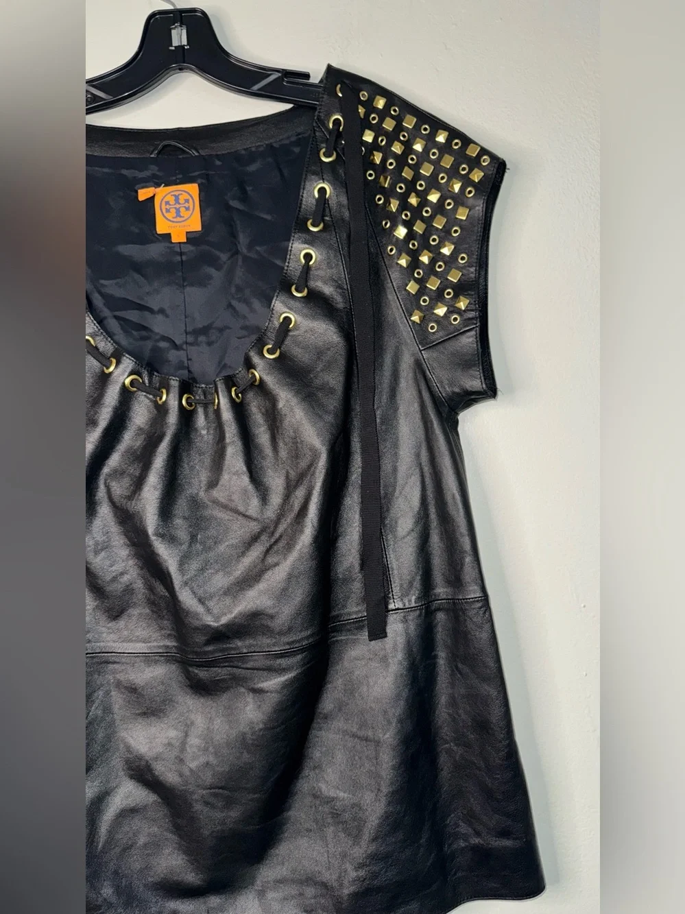 Tory Burch Black Leather Top with Gold Stud Accents